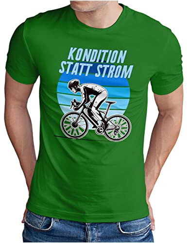 OM3® Rennrad Fahrrad T-Shirt mit Spruch - Herren - Kondition statt Strom - Muskelkraft kein e Bike II - Grün, M