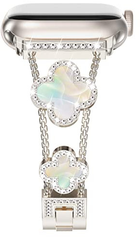 NewWays Compatible con Apple Watch Band Series 8 Series 7 45mm 44mm SE Series 6 5 4 3 42mm, pulsera brillante con diamantes de trébol para iWatch Band Mujer, Starlight/iridiscente