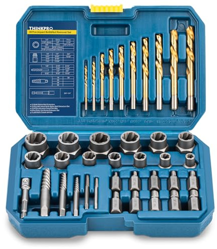 Thinkpro Lot de 39 extracteurs de boulons et de forets, extracteurs de vis multi-cannelures, jeu de douilles d'extraction pour écrous endommagés, gelés, goujons, rouillés, boulons arrondis, vis (39