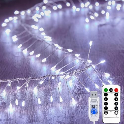 KINGCOO Cluster Fairy Lights with Remote, Waterproof 100LED Silver Wire Firecracker String Lights USB Powered for Outdoor Indoor Bedroom Window Wedding Christmas Party Decoration(9.8FT White)