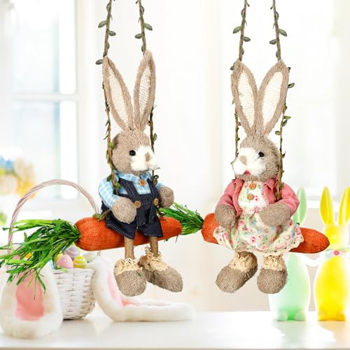 Lineshading Oster-Dekorationen, 35,8 cm, Frühlings-Osterhasen-Figur auf Karottenschaukel, niedliches Bauernhaus, dekorativ, gewebtes Stroh, Kaninchenstatue für Zuhause, Innen- und Außenbereich,