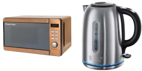 Russell Hobbs RHMD804CP 17 L 800 W Copper Solo Digital Microwave with 5 Power Levels & Brushed Stainless Steel Electric 1.7L Cordless Kettle (Quiet & Fast Boil 3KW