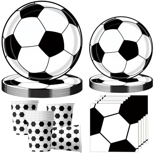 50pcs Fútbol Party Tableware Set,Decoración de fiesta de cumpleaños de fútbol 10 invitados,Fútbol blanco y negro platos de papel vasos servilletas Decor para fiesta de cumpleaños
