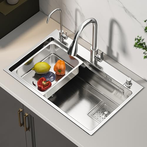 Fregaderos de Cocina de Acero Inoxidable Plateado, Juego Nano Drop In, Seno Individual con Cesta, dispensador de jabón y escurridor (Plateado, 60x45CM)