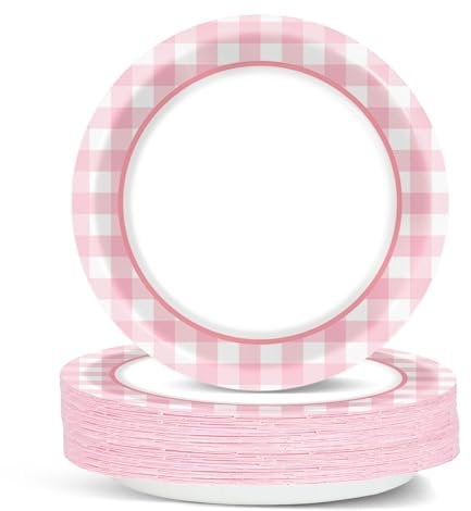 ZOiiWA 48 Pcs Picnic Party Plates Pink And White Checkered Party Decorations Pink Gingham Camp Dessert Plates Plaid Disposable Supplies for Birthday Family Dinner Barbecue Outdoor