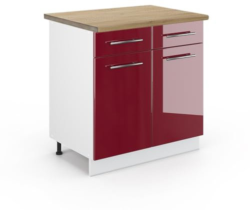 Vicco Küchenunterschrank Fame-Line, Bordeaux Hochglanz/Weiß, 80 cm, AP Eiche