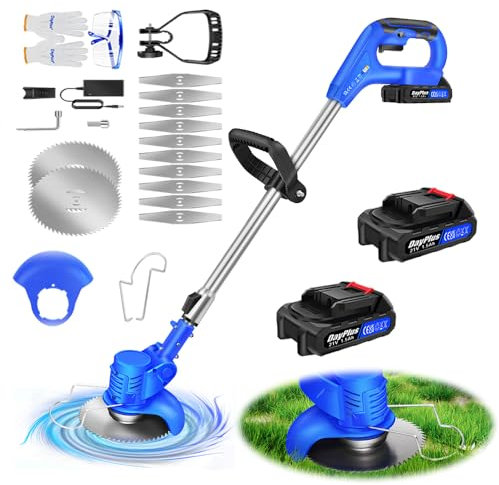 Electric Strimmer Garden Lawn Trimmer, Cordless Strimmer Garden Strimmer with 2x1500mAh Batteries, Strimmer Height Adjustable Metal Blade Strimmer for Garden Lawn Care Clearing Weeds Trees