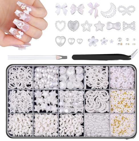 Goiern 3D Nagel Charms für Nagel Design Set, Weiße Nagel Schleifen Diverse Perlen Herz Stern Schleifen Nagel 3D Blüten Charms und Nagel Perlen für Nagel Dekoration