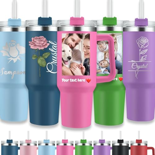 WolunLi Gobelet personnalisé de 1200 ml avec poignée et paille – Tasse de voyage personnalisée avec photo et texte, tasse de voyage isotherme en acier inoxydable pour boissons chaudes et froides