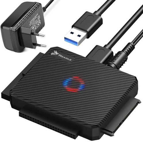 Reagle Adattatore USB 3.2 a SATA/IDE con LED, supporto da 16 TB, Plug & Play per Windows/Mac OS, trasferimento da 5 Gbps, alimentatore da 12 V 3 A, hot swapping, interruttore on/off