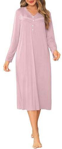 Vlazom Chemise de Nuit Femme Manches Longues Vêtement de Nuit Grande Taille Robe de Nuit Col en V avec Boutons Devant Poches,A-Rose Foncé,M