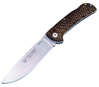 Navaja Cudeman 389-JM Mini Pandora con hoja de acero Böhler N690Co de 8 cm y empuñadura de juma, olivo o nogal de 10 cm para Caza, Pesca, Supervivencia + Portabotellas Regalo (Juma SIN funda)