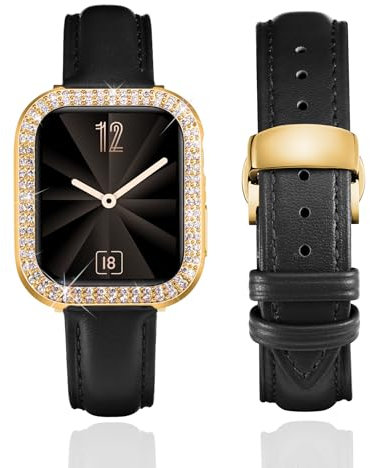 BINLUN Leather Strap Compatible with Apple Watch 45mm 44mm 41mm 40mm Women Leather Band with Glitter Diamond Rhinestone Case Compatible with iWatch Series 9/8/7/SE2/SE/6/5/4(44mm, Black)