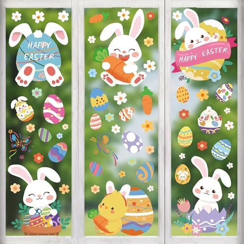 Koboko Fensterbilder Ostern, 9 Blätter Osterdeko Aufkleber Sticker, Fenstersticker Ostern mit Hase und Osterei, Selbstklebend Fensterbilder, Fensterdekoration für Kinderzimmer Osterdeko Party Zubehör