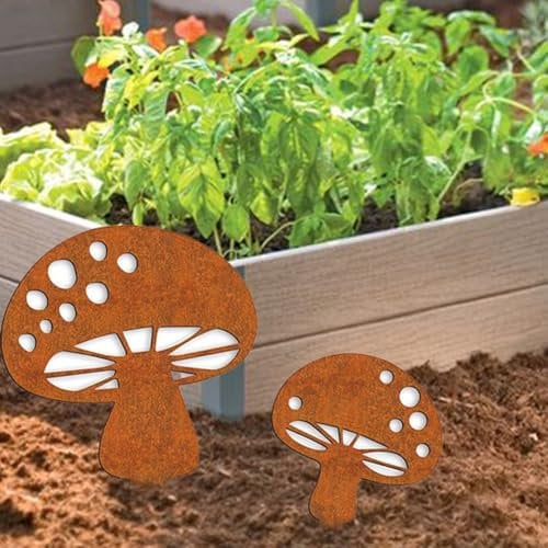 HpLive Pack of 2 Rusty Metal Mushroom Garden Stakes, Garden Decoration, Wrought Iron Mushrooms for Garden, Yard, Lawn, 27 x 20 cm and 22 x 18 cm (2 Pieces)