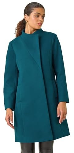 Roman Originals Tailored Funnel Neck Pocket Detail Coat for Women UK - Ladies Everyday Autumn Winter Comfy Soft Evening Vacation Work Party Night Out - Teal - Size 14