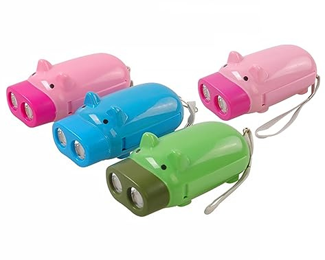 Hemobllo Taschenlampe mit Kurbel 4 Stück Kinder Handpress Schweinchenform | Kunststoff, 70 Mah Akku und Ag10 1.5 V, Leicht zu Tragen, Aufbewahrung und Anti Verlust Band Zufällige Farbe