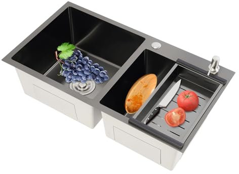 Doppelspüle 2 Becken Küchenspüle, Spülbecken Küche Edelstahl Mit Abtropffläche Und Seifenspender, Waschbecken Einbauspüle Für Küche Und Wäscherei, Schwarz(78 * 43cm)