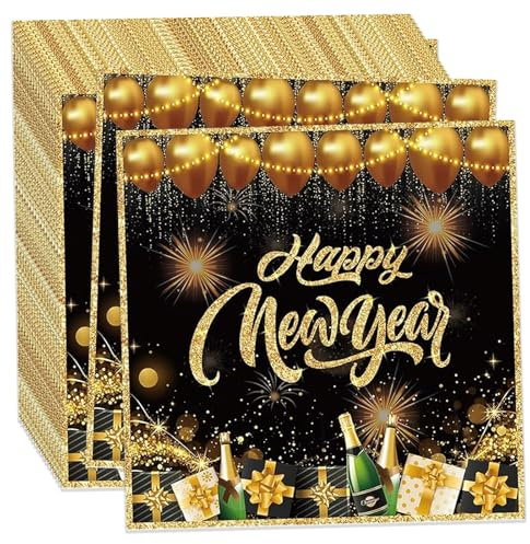 20STK Silvester Servietten, Happy New Year Servietten, 33x33cm | Glitzer Schwarz Gold, Papierservietten, Silvester Deko 2027 Neujahr Partyservietten Tischdeko Party Zubehör