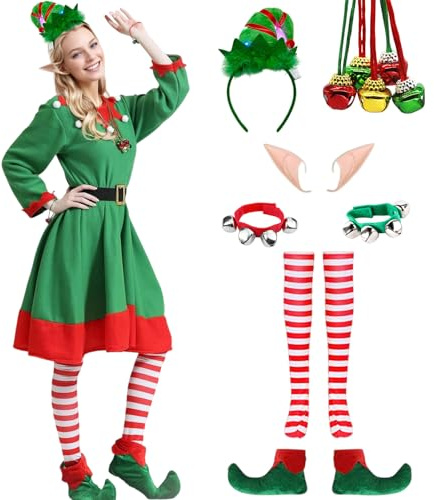 Crittygo Weihnachtself Kostüm Damen, Weihnachten Elfenkostüm mit Elfenmütze Haarband Elfenohren Schuhe Socken, Elfen Kostüm für Weihnachts Cosplay