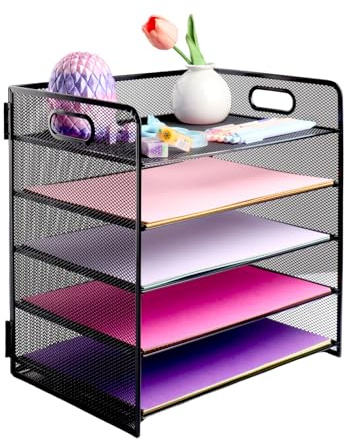 EasyOFC 5-Tier Mesh Desk Organiser, Letter Tray with Handle, A4 Paper File Holder for Office Home School, Black