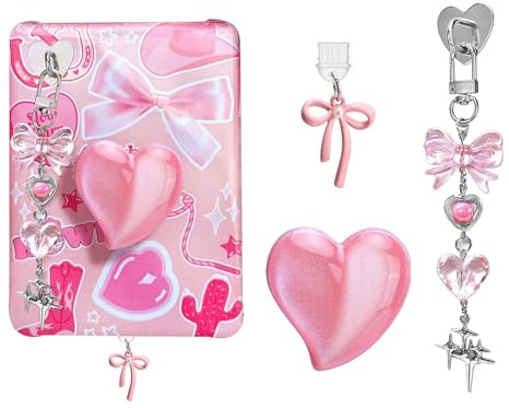 Muorruo 3-teiliges süßes Charm-Set für Kindle, einschließlich Staubschutzstecker-Charm Typ C/USB C, Herzgriffhalter, glitzernde Schlüsselanhänger mit Haken für Kindle-Zubehör, Pink