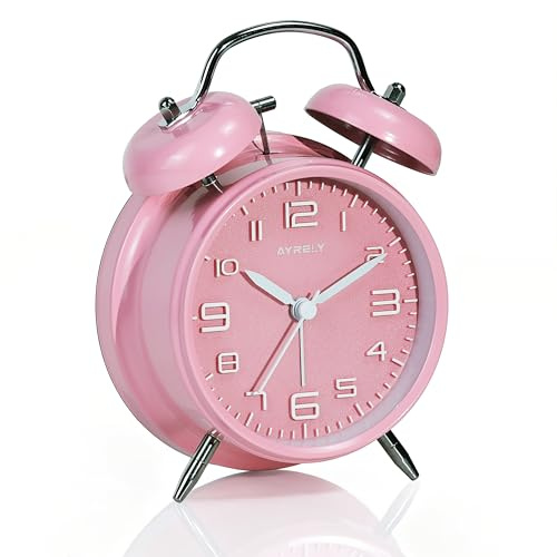 AYRELY® Réveil Vintage à Double Cloche – Réveil Gros Dormeur 4'' Silencieux sans Tic-Tac, Sonnerie Puissante, Cadran Nacré avec Veilleuse, pour Table de Nuit/Bureau(Cadran 3D, Rose)
