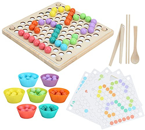 Xiuganpo Planche de Puzzle de Perles à Clamp/Holder en Bois pour Enfants, Jeu de Perles D'entraînement des Mains, Jouet éducatif pour Tout-petits, Matériau en Bois Sûr (#1)