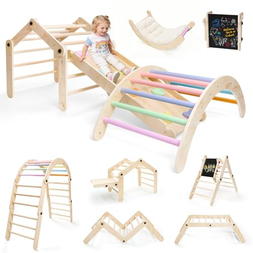 SPYLAVE Montessori Indoor Spielset, 8-in-1 Verformbares Kletterdreieck ab 1 Jahr, Multifunktional klettergerüst Indoor mit Kletterbogen mit Kissen, Rutsche, Reißbrett, Spielplatz aus Natur Holz