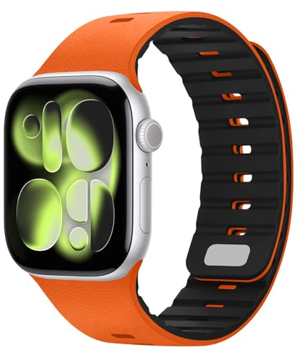 Sixmoat Bracelets Magnétiques à Clip compatibles avec Apple Watch 49mm 46mm 45mm 44mm 42mm Silicone Cuir Bracelet Respirant compatible avec iWatch Ultra SE Series 11 10 9 8 7 6 5 4 3, Orange-Noir