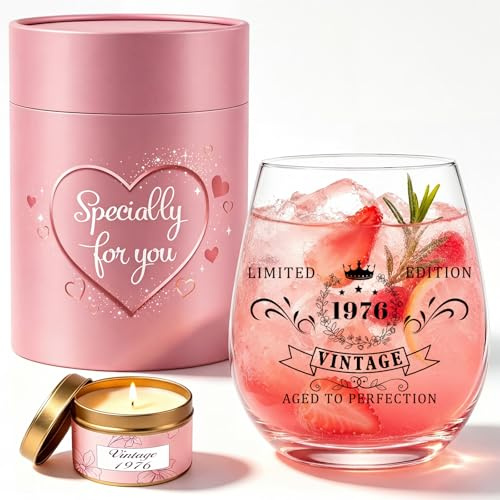 TUZELIYA 50. Geburtstag Geschenk für Frauen - Personalisiertes Vintage-Weinglas-Set 1976 mit Duftkerzen - 50. Geburtstag Deko Geschenkideen für Ihre Beste Freundin Ehefrau Freunde Kollegin Mama