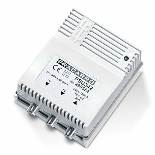 FRACARRO Fuente de Alimentación Conmutada Estabilizada 24V – 1 Entrada/2 Salidas, 100mA – Enchufe Tipo C – Conectores F en Banda TV (5-862MHz) – Alta Eficiencia y Bajo Consumo (289564)