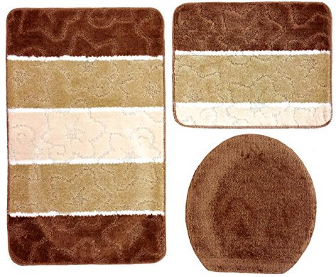 Ilkadim Orion Badgarnitur 3 TLG. Set 50x80 cm Mehrfarbig gestreift, WC Vorleger ohne Ausschnitt für Hänge-WC (braun beige Creme)