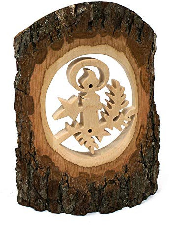 Deko Figur Rindenbild Kerze auf Tannenzweig 14 x 18 cm, Holz Rinde Natur, Holzbild Naturbild Winterwald, Kunsthandwerk Schwarzwald