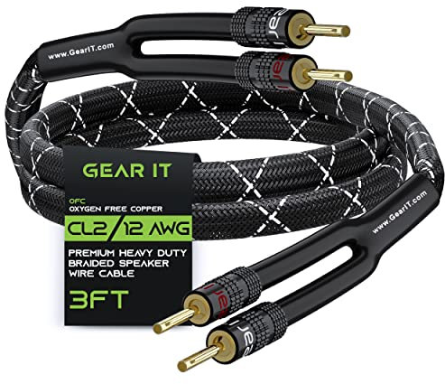 GearIT 12AWG Premium Heavy Duty Braided Speaker Wire (3 Feet) with Dual Gold Plated Banana Plug Tips - Oxygen-Free Copper (OFC) Construction, Black