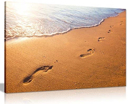 Relaxing Beach Wave And Footprints At Sunset Canvas Wall Art Picture Print (36X24)