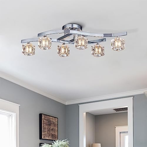 BESTIER Modern Elegant Glass Crystal Deckenleuchte Kronleuchter 6 Light Chrome Semi-Flush Mount Leuchte Länge 77 x Breite 25 cm x Höhe 19 cm