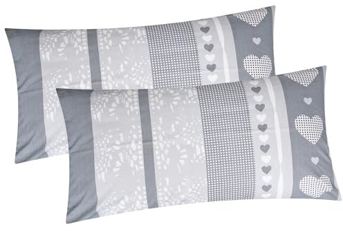 Baumwoll Renforcé Kissenbezug - 2er Set in 40x80cm - Streifen Herzen in grau und Anthrazit - Kopfkissenbezug, Kissenhülle, Dekokissenbezug 100% Baumwolle (386-2-KA)