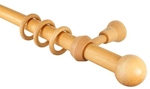 iso-design Holz Gardinenstange mit Endstück Kugel Farbe Eiche hell, 28 mm Durchmesser, 260 cm mittig geteilt