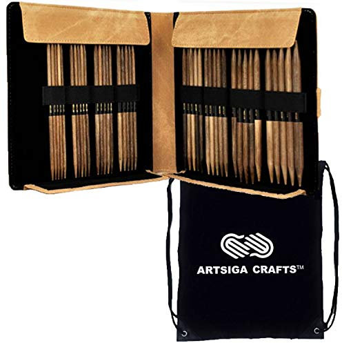 Lykke Stricknadeln, Doppelspitze, DPN, großes Set, Treibholz, 15 cm lang, mit Artsiga Crafts Project Bag Large-Needle-Set Umber
