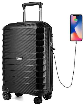 Kono Suitcase Luggage 55x35x20cm Cabin Case PP Material Lightweight Carry on with USB Charging Port Built-in TSA Lock 4 Spinner Wheels, 20'', Black