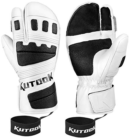 KUTOOK Skihandschuhe Herren Damen Fäustlinge Winter Handschuhe Snowboardhandschuhe Thermo Ziegenleder 3M Thinsulate Wasserdicht Winddicht für Ski Snowboard Wintersport Weiß, M (GS515)