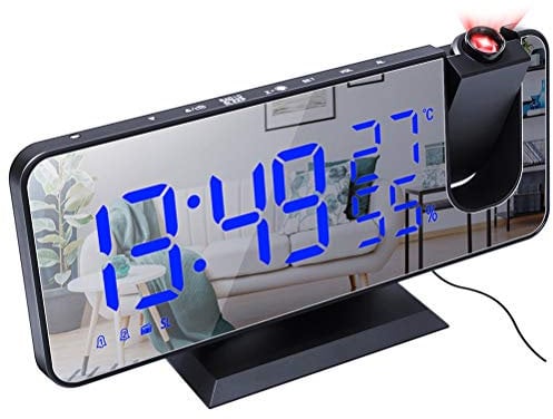Projektionswecker, LED Digitaler Wecker, Radiowecker mit Projektion, USB-Anschluss, Dual-Alarm, Helligkeitsdimmer, 4 Projektionshelligkeit, 180 ° Einstellbarer Winkel, Große 8 Bildschirm, FM Radio