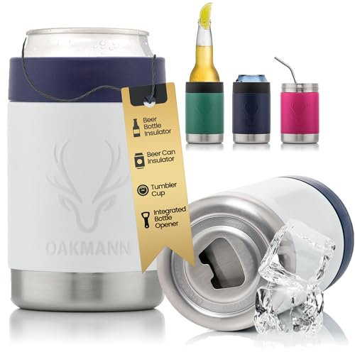 OAKMANN Stainless Steel Beer Cooler With Bottle Opener, Vacuum Insulated Can Cooler 12 oz for Bottles Cans, 4-in-1 Universal Insulator Coozy for Bottles Cans, Beer Gifts for Birthday (White)