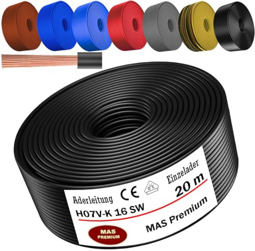 MAS Premium Câble conducteur H07 V-K 16 mm² de 5 à 100 m - Noir, marron, bleu foncé, jaune vert, gris, bleu clair ou rouge - Fil simple flexible (noir, 20 m)