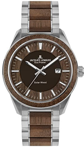 JACQUES LEMANS Holzuhr Herren, Solar Wood Herrenuhr - Model 1-2116H, Chronograph und Armband Hellbraun, Edelstahl mit Holzeinlage für Männer, Armbanduhr Holz Herren Holzuhren für Herren