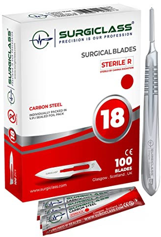 Surgical Scalpel Surgical Blades # 18 Carbon Steel Sterile Box of 100 and Handle No 4 Perfect for Wood Art, Surgical, Sculpting, Repairs, Lab Anatomy, Sign, Card Making Lab Training SURGIRD18-100