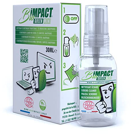 Detergente per schermi e occhiali, 30 ml, 99% naturale, certificato ecologico ECOCERT