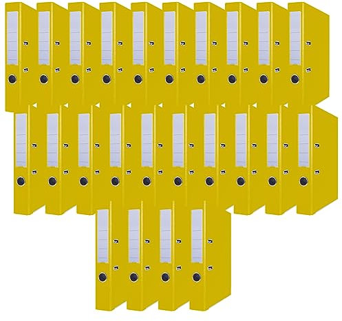 OFFICER PRODUCTS 24er Pack Ordner Gelb DIN A4/50 mm/Papier Pappe/Kunststoffbezug PP Schlitzordner Büroordner Pappordner Aktenordner Metall Kantenschutz