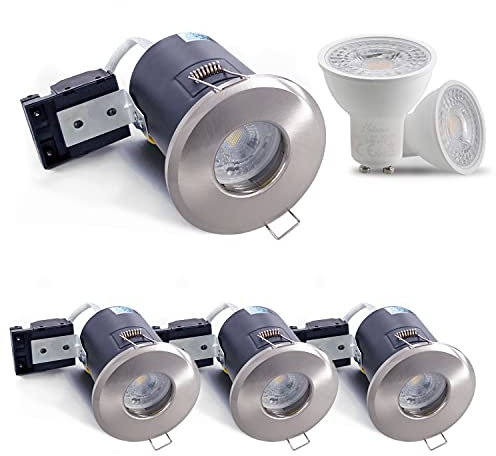 4XSweier 90 Min Fire Rated Downlight,5W 6000K Cool White Waterproof IP65 LED Recessed Ceiling Lights, 230V GU10 Die-Cast Aluminium Spotlight Satin Nickel,(Non-dimmable)